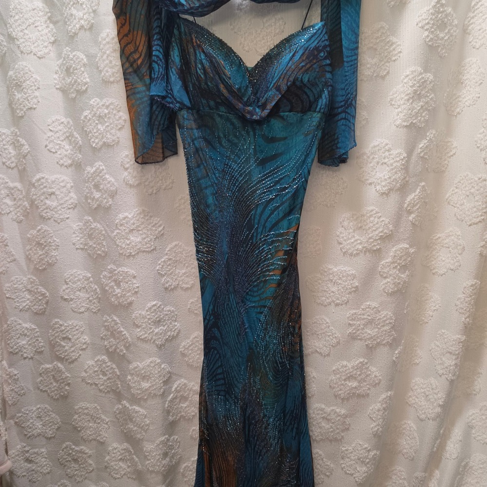 Mon Cheri Evenings Silk Beaded Gown Teal Blue Peacock Handkerchief Hem Shawl 14